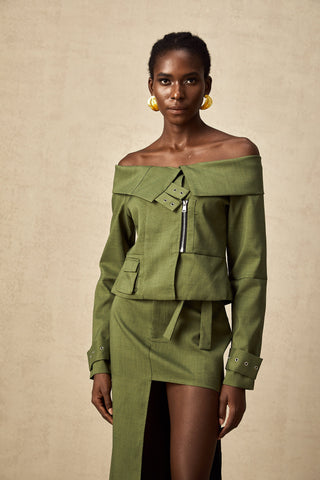 Éléna Asymmetric Jacket and Skirt Set — Green