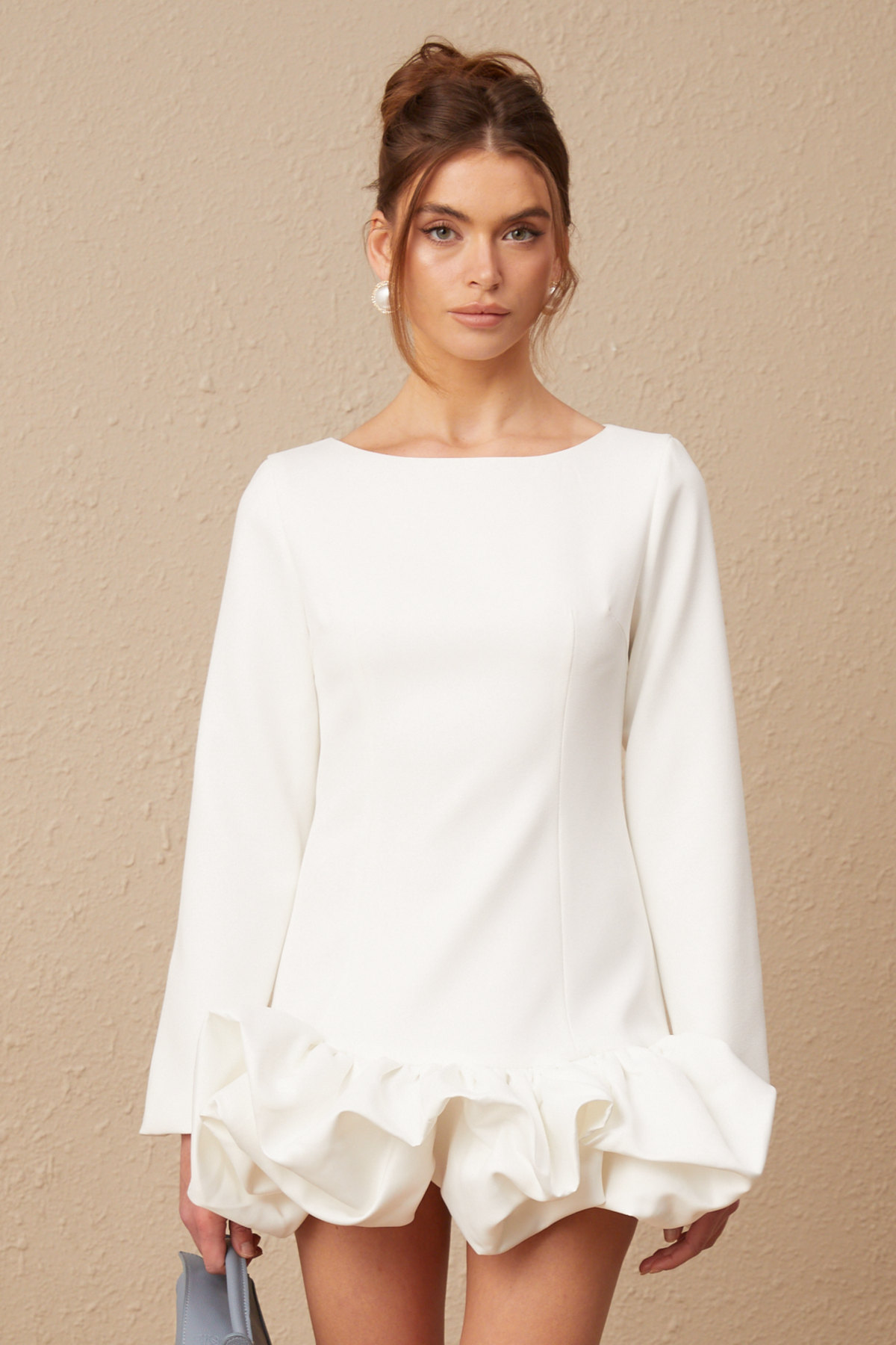 Elodie Bubble-Skirt Mini Dress — White