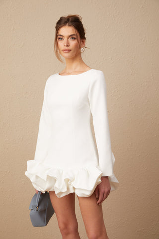 Elodie Bubble-Skirt Mini Dress — White