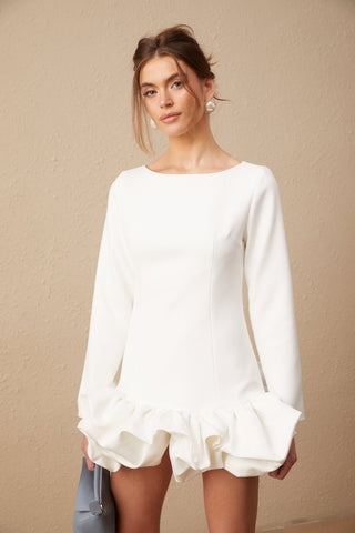 Elodie Bubble-Skirt Mini Dress — White