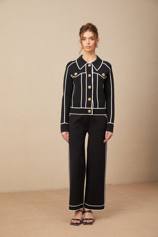 Calista Piped-Trim Jacket and Trousers Set — Black