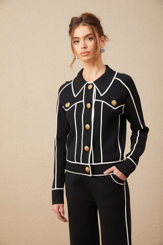 Calista Piped-Trim Jacket and Trousers Set — Black