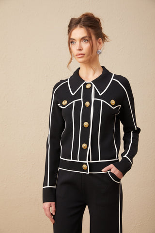 Calista Piped-Trim Jacket and Trousers Set — Black