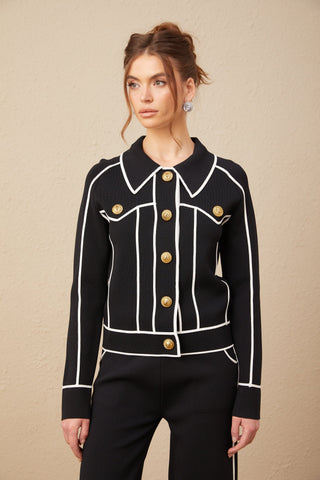 Calista Piped-Trim Jacket and Trousers Set — Black