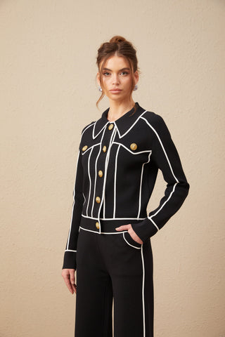 Calista Piped-Trim Jacket and Trousers Set — Black