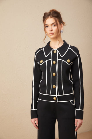 Calista Piped-Trim Jacket and Trousers Set — Black