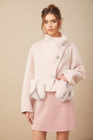Vienne Diagonal-Placket Cropped Jacket — Pink
