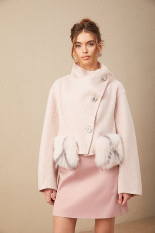 Vienne Diagonal-Placket Cropped Jacket — Pink