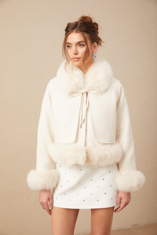 Cécile Fur-Trim Suede Coat — Off-White