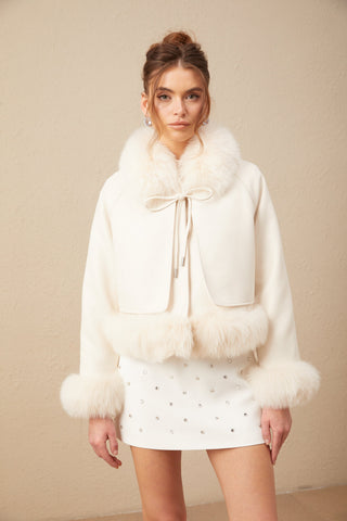 Cécile Fur-Trim Suede Coat — Off-White