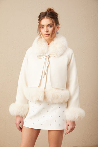 Cécile Fur-Trim Suede Coat — Off-White
