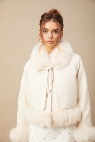 Cécile Fur-Trim Suede Coat — Off-White