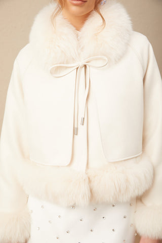 Cécile Fur-Trim Suede Coat — Off-White