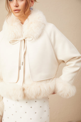 Cécile Fur-Trim Suede Coat — Off-White