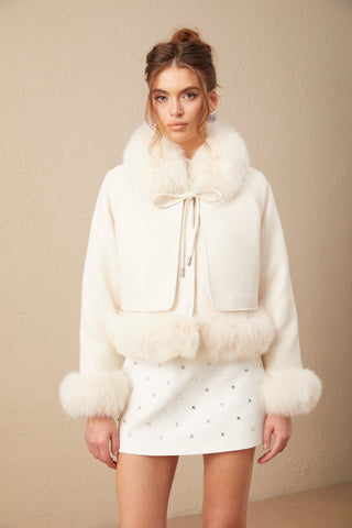 Cécile Fur-Trim Suede Coat — Off-White