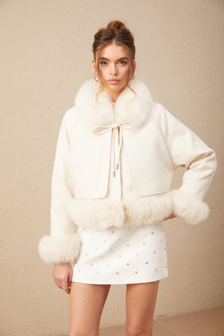 Cécile Fur-Trim Suede Coat — Off-White
