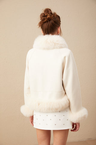 Cécile Fur-Trim Suede Coat — Off-White