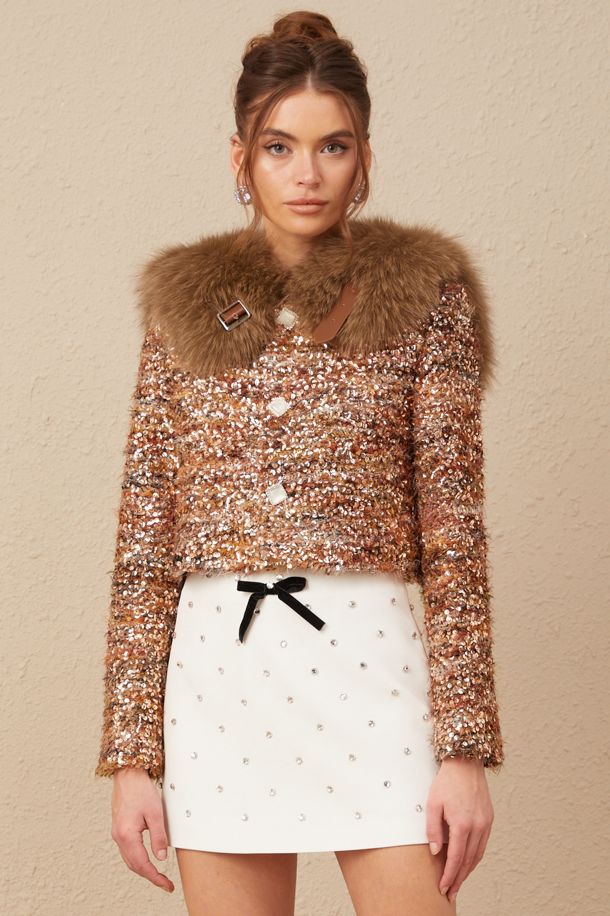 Layla Sequin Fur-Trim Coat — Gold