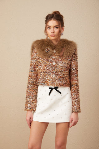 Layla Sequin Fur-Trim Coat — Gold
