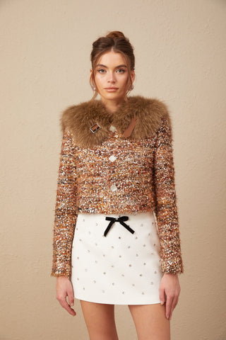Layla Sequin Fur-Trim Coat — Gold