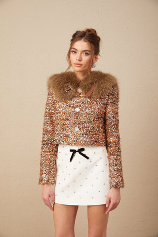 Layla Sequin Fur-Trim Coat — Gold