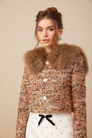 Layla Sequin Fur-Trim Coat — Gold
