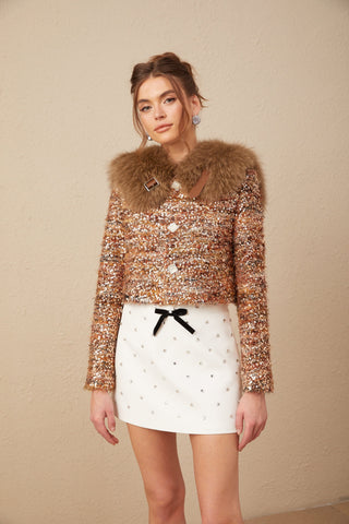 Layla Sequin Fur-Trim Coat — Gold