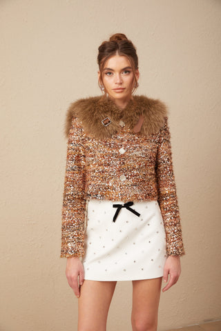 Layla Sequin Fur-Trim Coat — Gold
