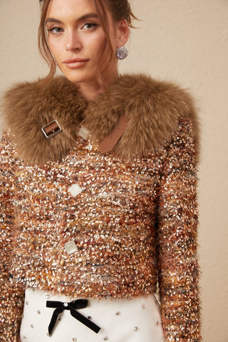 Layla Sequin Fur-Trim Coat — Gold