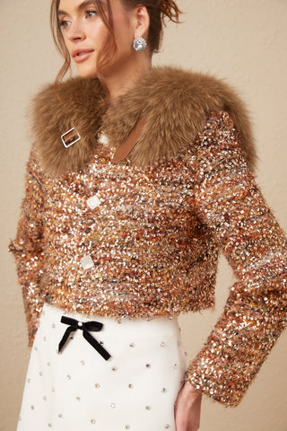 Layla Sequin Fur-Trim Coat — Gold