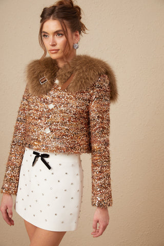 Layla Sequin Fur-Trim Coat — Gold