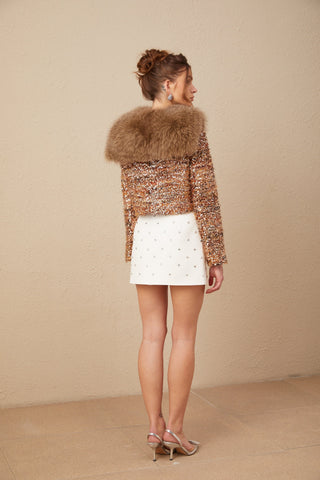 Layla Sequin Fur-Trim Coat — Gold