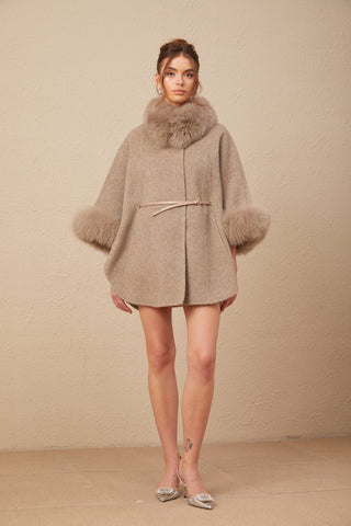 Chloris Wool Cape Coat with Fur Trim — Taupe Brown