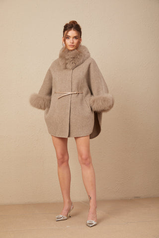 Chloris Wool Cape Coat with Fur Trim — Taupe Brown