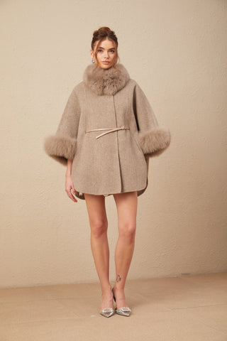 Chloris Wool Cape Coat with Fur Trim — Taupe Brown