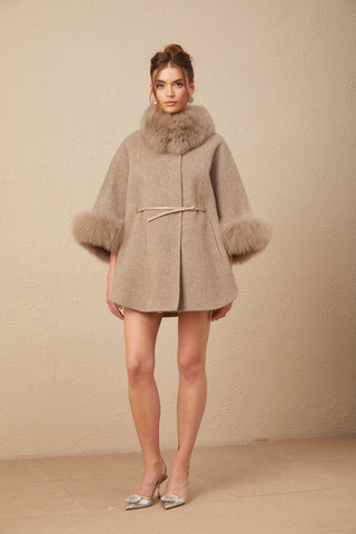 Chloris Wool Cape Coat with Fur Trim — Taupe Brown