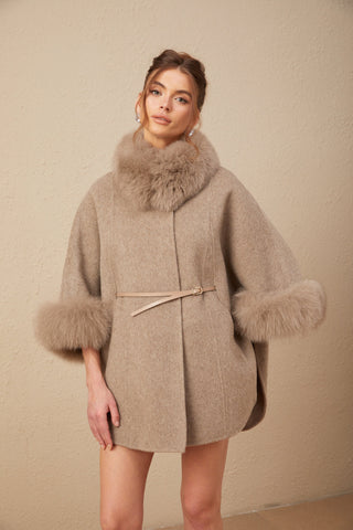 Chloris Wool Cape Coat with Fur Trim — Taupe Brown