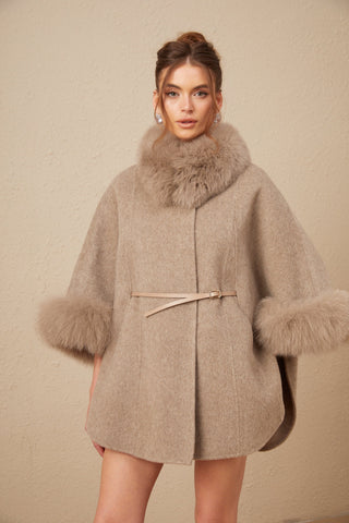 Chloris Wool Cape Coat with Fur Trim — Taupe Brown