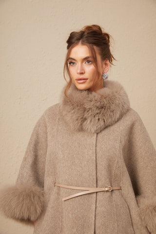 Chloris Wool Cape Coat with Fur Trim — Taupe Brown