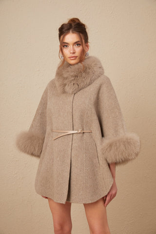 Chloris Wool Cape Coat with Fur Trim — Taupe Brown