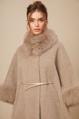 Chloris Wool Cape Coat with Fur Trim — Taupe Brown
