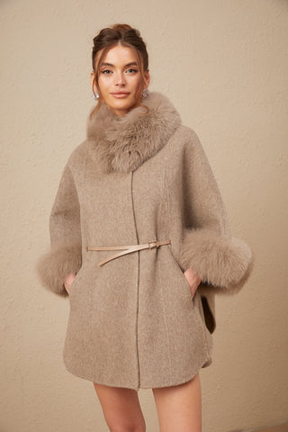 Chloris Wool Cape Coat with Fur Trim — Taupe Brown