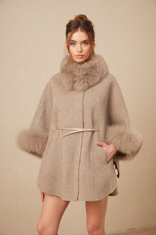 Chloris Wool Cape Coat with Fur Trim — Taupe Brown