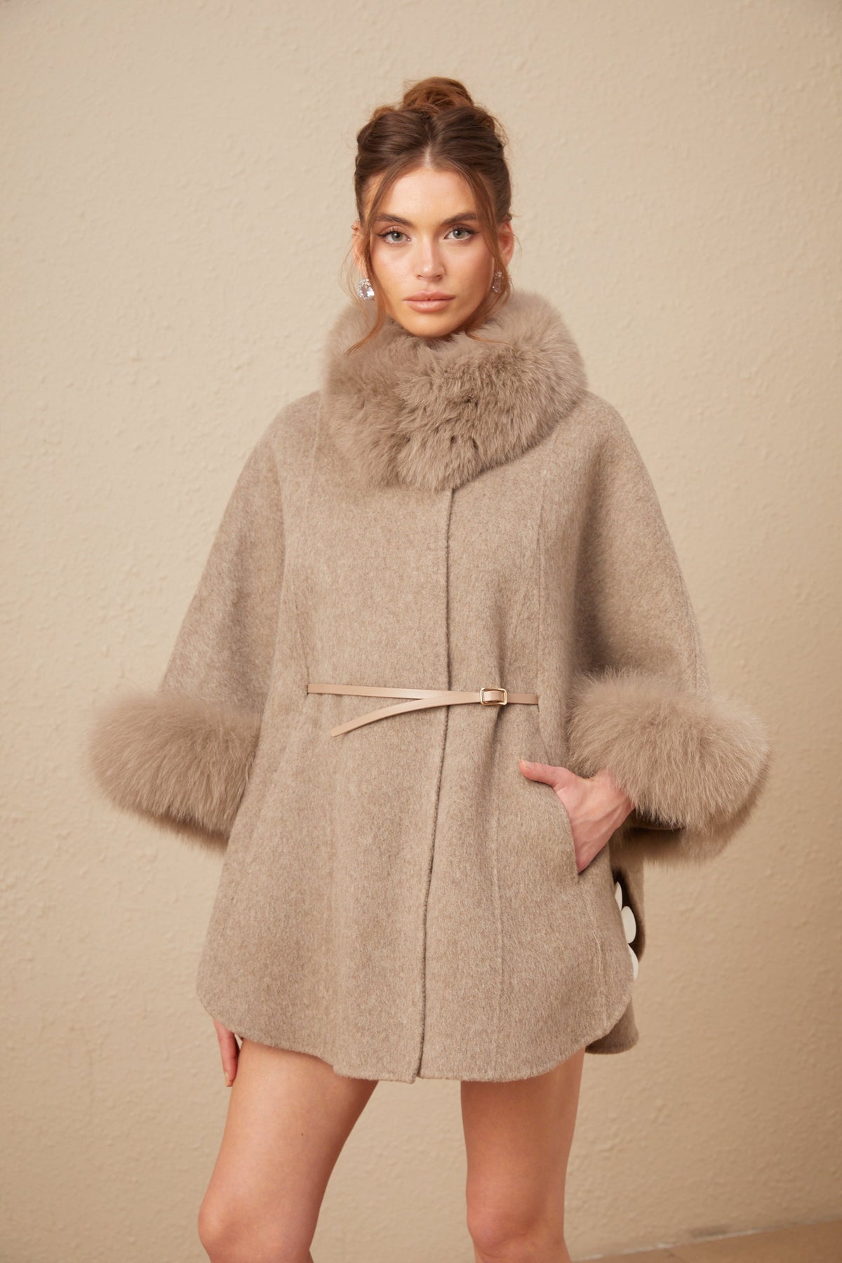 Chloris Wool Cape Coat with Fur Trim — Taupe Brown