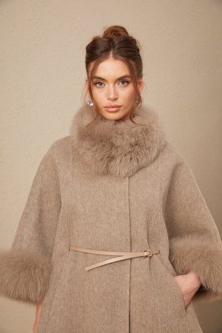 Chloris Wool Cape Coat with Fur Trim — Taupe Brown
