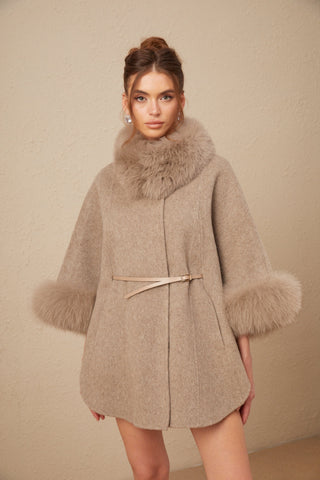 Chloris Wool Cape Coat with Fur Trim — Taupe Brown
