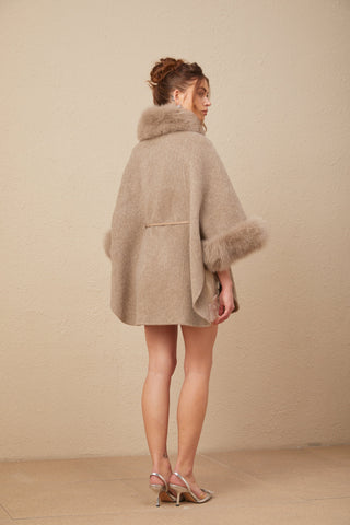 Chloris Wool Cape Coat with Fur Trim — Taupe Brown