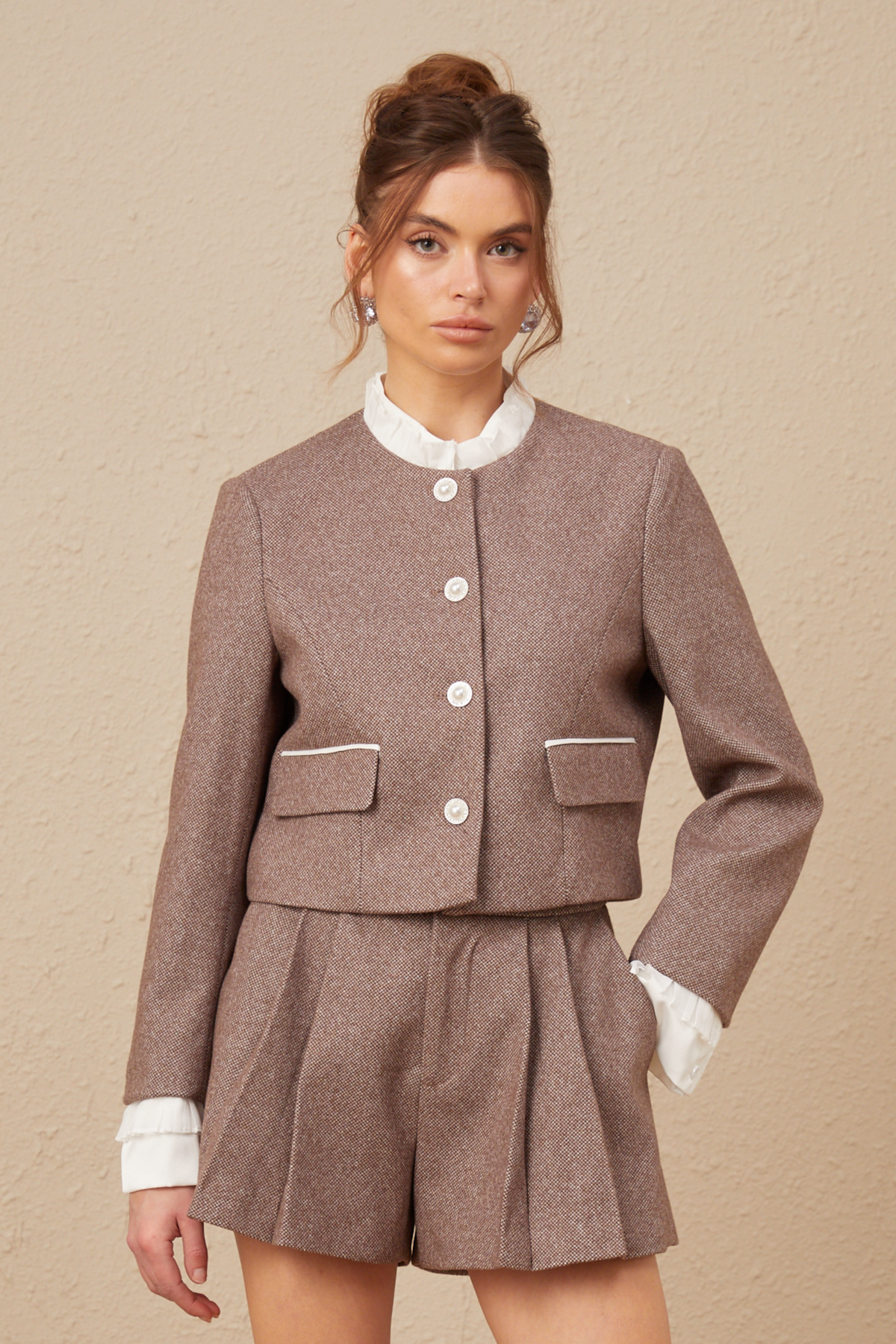 Libbie Wool Frilled Jacket and Culottes Set — Brown