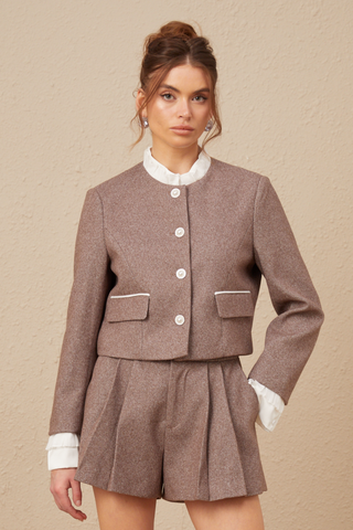 Libbie Wool Frilled Jacket and Culottes Set — Brown