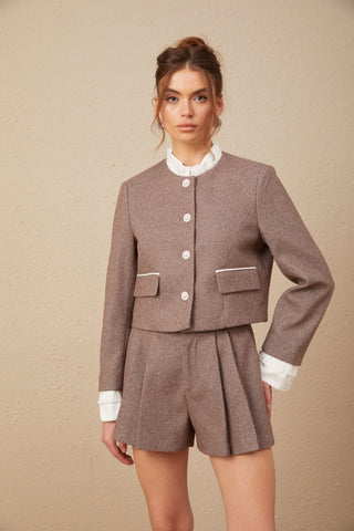 Libbie Wool Frilled Jacket and Culottes Set — Brown